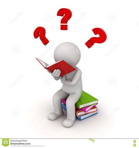 3d Man Sitting On A Pile Of Books And Reading With Red Question Marks