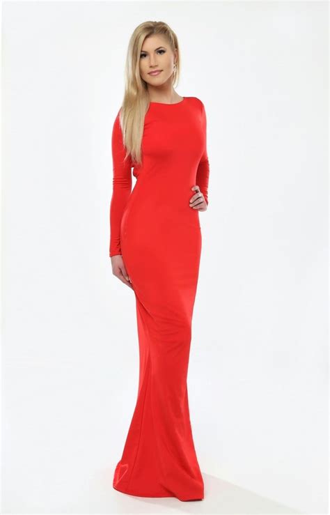 Red Bodycon Dress Long Sleeves Fitted Maxi Dress Evening Party