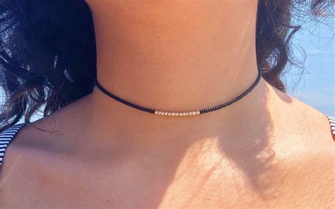 Seed Bead Choker Necklace Dainty Minamistic Black And Gold Etsy
