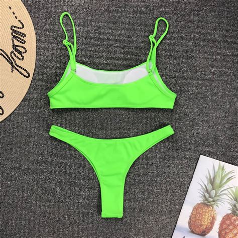 Neon Yellow Ribbed Bikini Swimsuit For Women Thong Bathing Suit Scoop