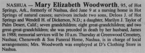 Obituary For Mary Elizabeth Woodworth Aged 95