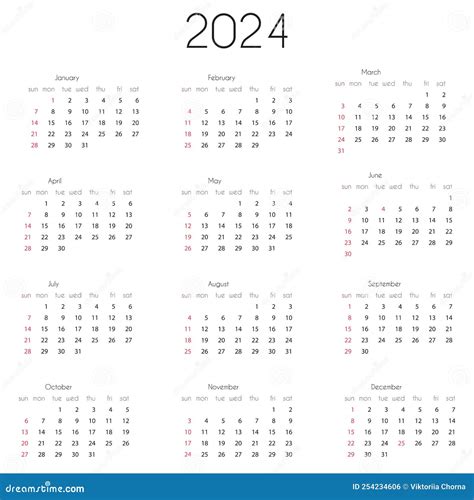 2024 Calendar Year Template Vector Illustration Of Annual Calendar