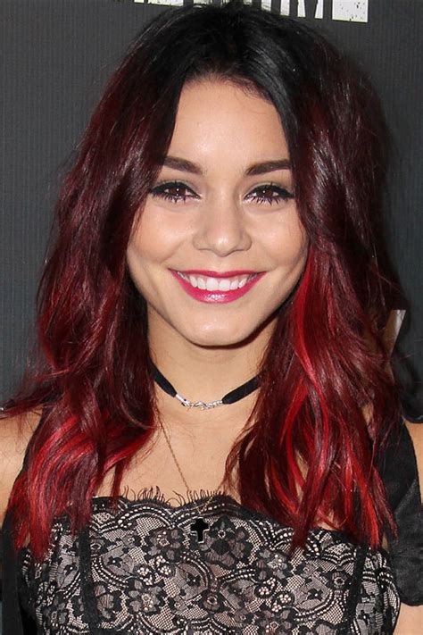 It is a trendy hairstyle that is perfect for the ladies who would like a dramatic hair this one has black roots with red gradually added in the hair until it creates an ombre look. Vanessa Hudgens Wavy Burgundy Dark Roots, Peek-A-Boo ...