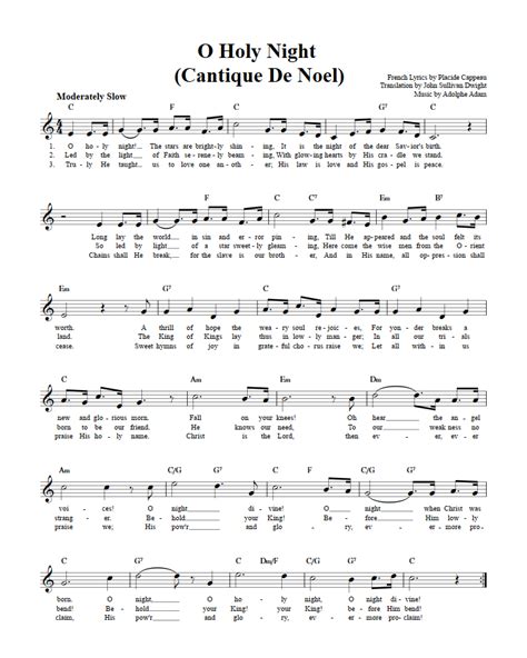 O Holy Night C Instrument Sheet Music Lead Sheet With Chords And Lyrics