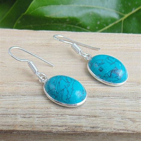 Turquoise Earring Natural Stone Earring Oval Cabochon Etsy Natural