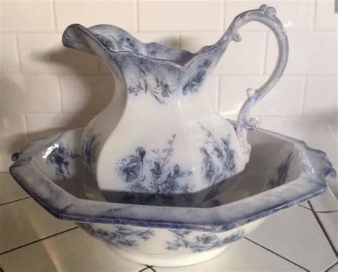 Excellent Antique Flow Blue Grindley Doreen Bowl Pitcher Wash Set