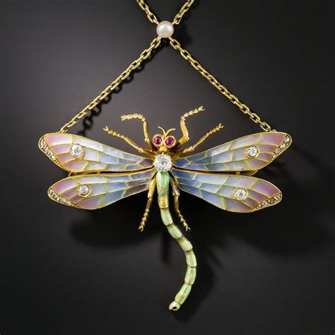 Art Nouveau Plique à Jour And Diamond Dragonfly Necklace Brooch