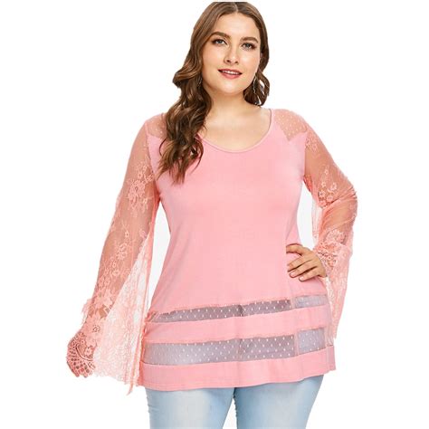 Kenancy Elegant Pink Lace Flare Sleeves Women Club Party Tops Plus Size