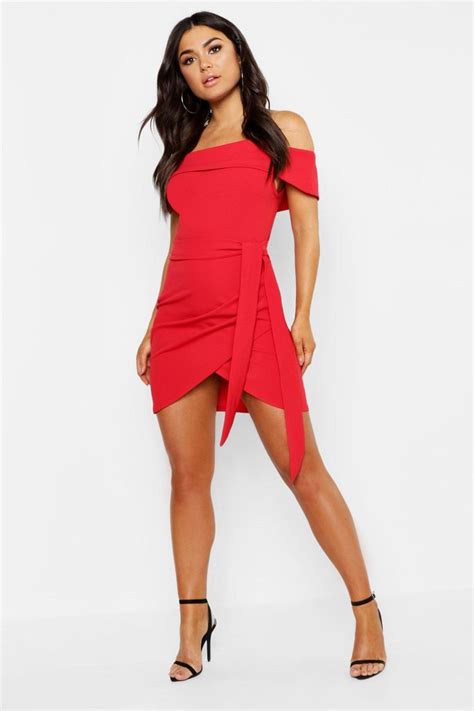 Off The Shoulder Wrap Detail Bodycon Dress Red Bodycon Dress Bodycon Dress Bodycon Fashion