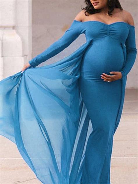 Blue Irregular Maternity For Babyshower Flowy Off Shoulder Long Sleeve