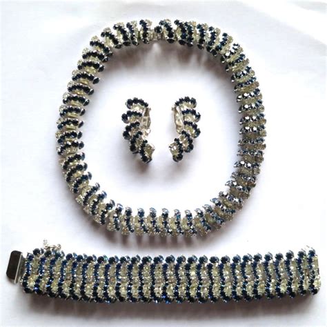 Vintage Kramer Blue Clear Rhinestone Necklace Parure Bracelet Earring