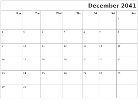 December 2041 Calendars To Print
