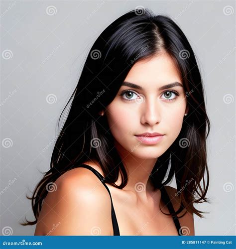 Portrait Of Beautiful Young Woman With Long Black Hair And Blue Eyes