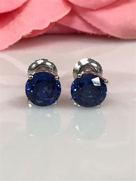 Round Blue Sapphire Stud Earrings Ctw In K White Gold