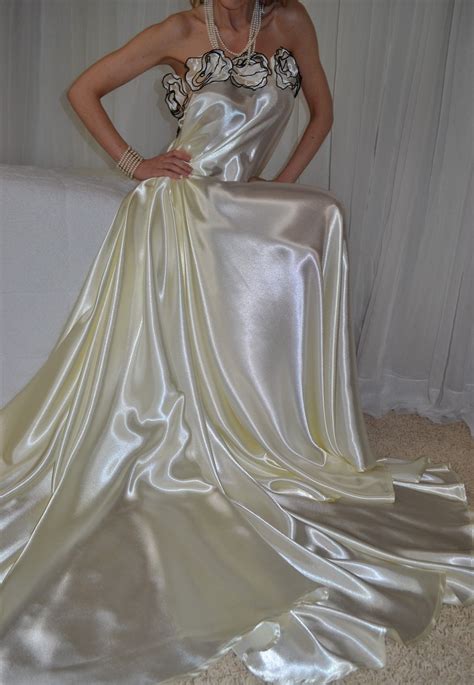 Silky Satin Bridal White Pearl Full Sweep Long Nightgown With