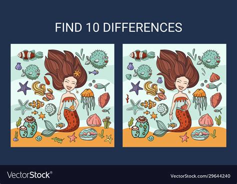 Find 10 Differences Mermaid Sea Game Royalty Free Vector