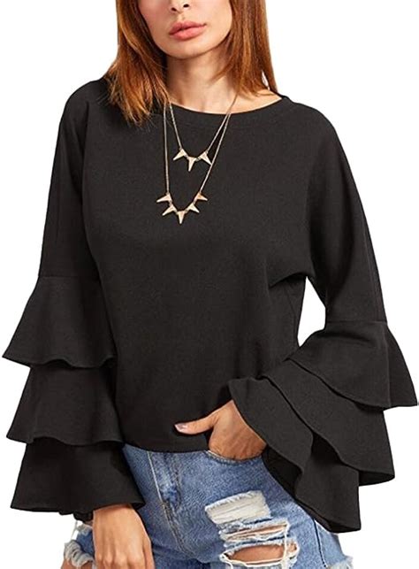 Ainr Womens Layered Ruffle Bell Sleeve Top Round Neck Casual Blouse At