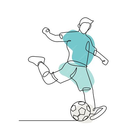 Linha Contínua Ilustração Jogador De Futebol Chuta A Bola Vetor Premium