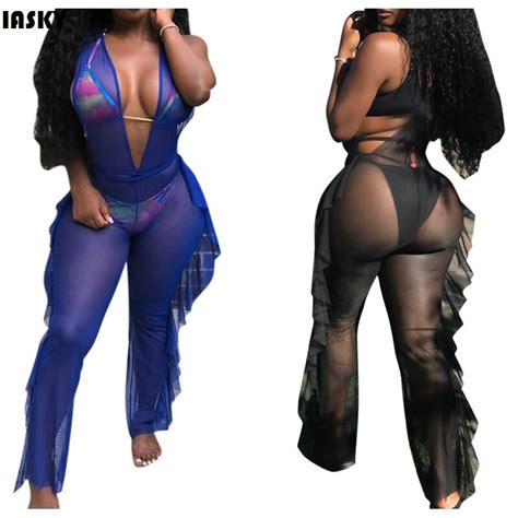IASKY 2019 New Mesh Jumpsuit Beach Cover Up Sexy Women See Through