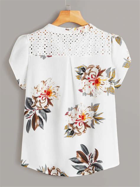 Eyelet Embroidered Floral Print Blouse Print Blouse Design Cotton