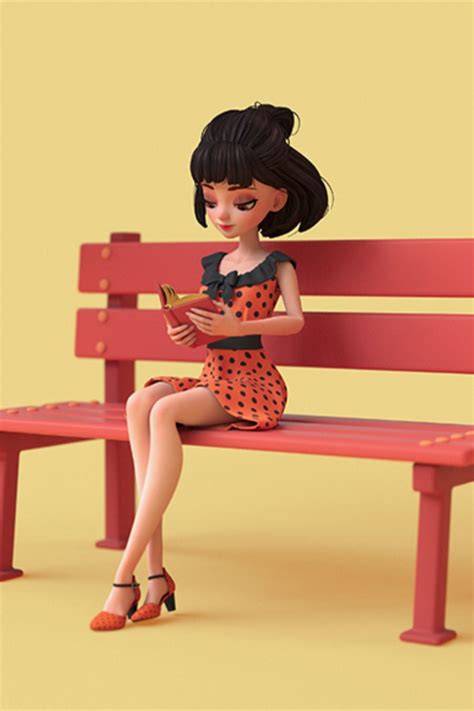 a woman is sitting on a red bench