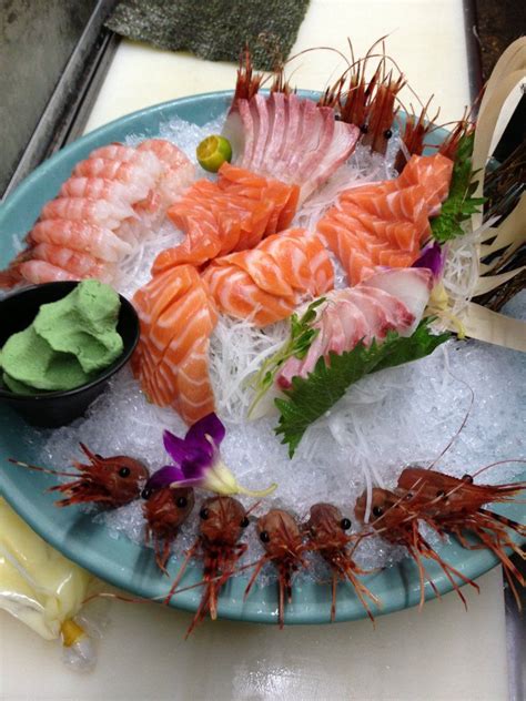 Sashimi Is Thinly Sliced Raw Seafood Many Different Kinds Of Fresh