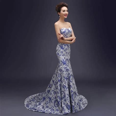 off the shoulder trailing blue brocade embroidery cheongsam evening dresses xxxl plus size