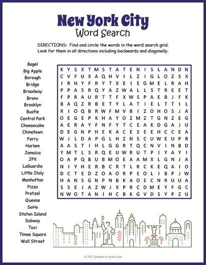 Free Printable New York City Word Search Great For A Big