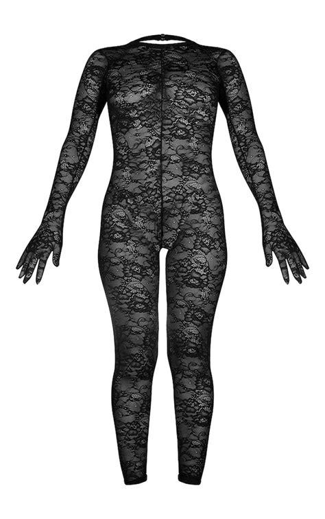 black lace all in one gloves body stocking prettylittlething