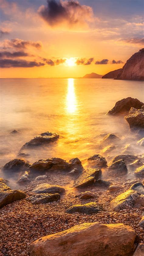 Sunrise Beach Landscape Morning Nature Ocean Rocks Sun Hd Phone