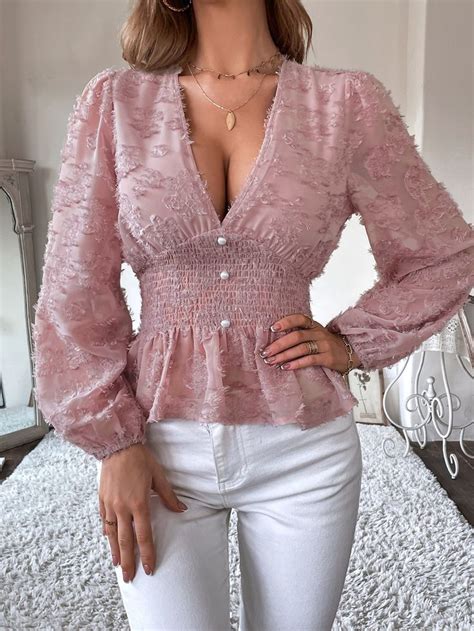 Deep V Neck Shirred Peplum Fuzzy Blouse In 2022 Blouses For Women