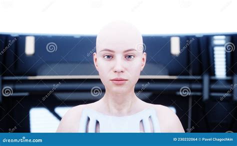 Female Robotic Droid In Sci Fi Futuristic Metall Room Future Concept 3d Rendering Stock