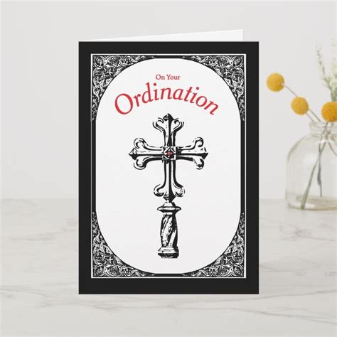 A Card With An Ornate Cross And The Words On Your Ordination Written