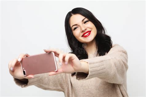 Fashion Curvy Brunette Girl Taking Photo Makes Self Portrait On Smartphone Stock Image Image