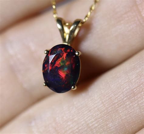 Fire Opal Necklace Black Opal Pendant Gold Opal Jewelry Red Etsy
