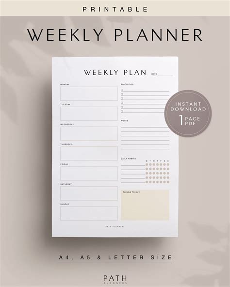 Weekly Planner Printable Instant Download A4 A5 Us Letter Etsy