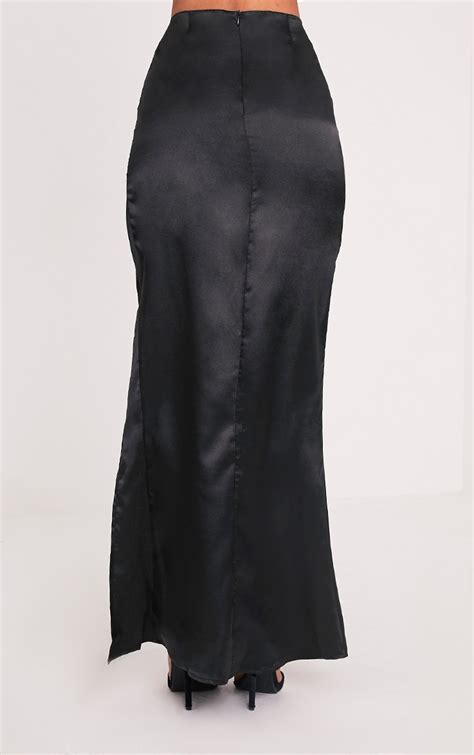 Harleigh Black Satin Split Maxi Skirt Skirt Prettylittlething