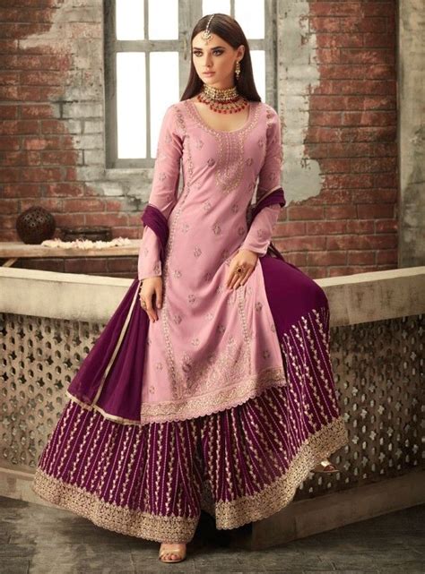 Browse and shop related looks. Pink And Purple Traditional Embroidered Palazzo Suit ...