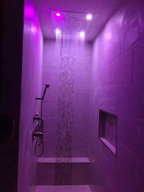 led shower head lights in purple bathroom inspiration decor