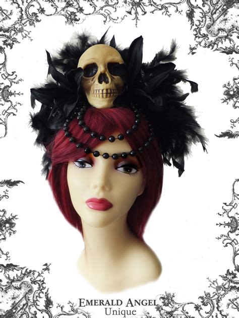 Skull Feathers And Lillies Headdress Halloween Gothic Día De Los Muertos