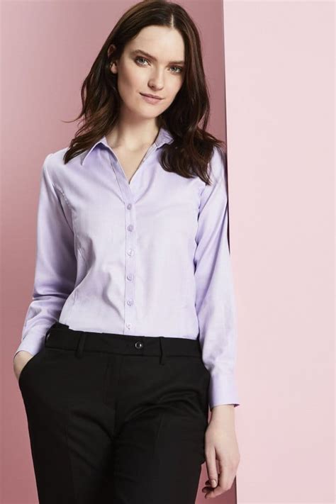 Womens Prestige Open Collar Shirt Lilac Herringbone