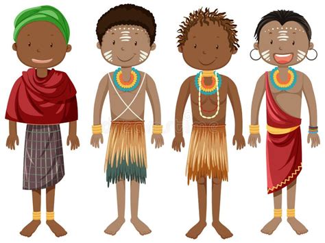 Ethnic People Of African Tribes In Traditional Clothing Cartoon