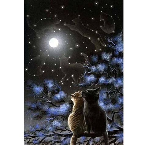 Two Cats In A Moonlight Tree 5d Diamond Painting