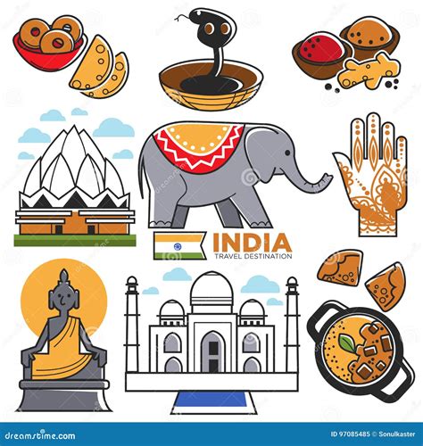 India Tourism Travel Famous Landmark Symbols And Indian Culture Vector