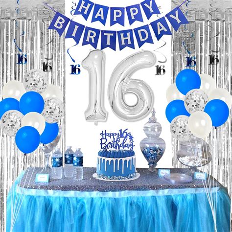 16th Birthday Decorations Boys 16 Year Old Decorations Blue Number 16