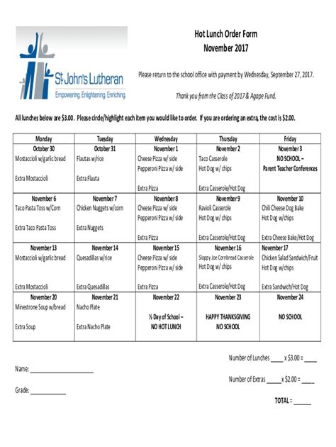 Fillable Online Hot Lunch Order Form November 20171docx Fax Email