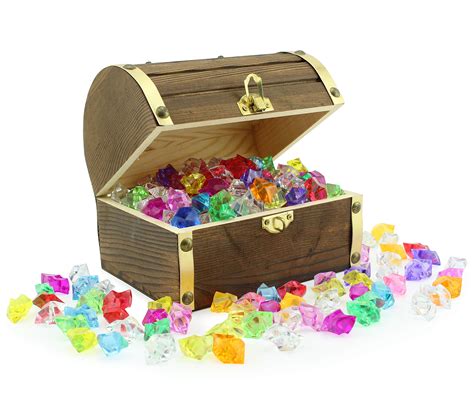 Wooden Pirate Treasure Chest With 240 Colored “jewels” Plastic Gems