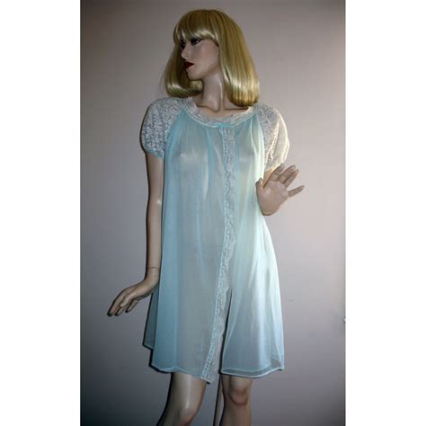 Vintage Sheer Aqua Chiffon Nylon Lace Puff Sleeve Peignoir Robe By