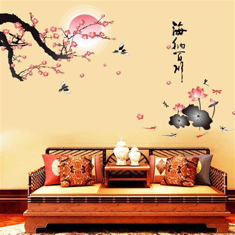 Baru Diy Besar Gaya Cina Merah Plum Sun River Bunga Stiker Dinding Pohon Wallpaper Dekorasi