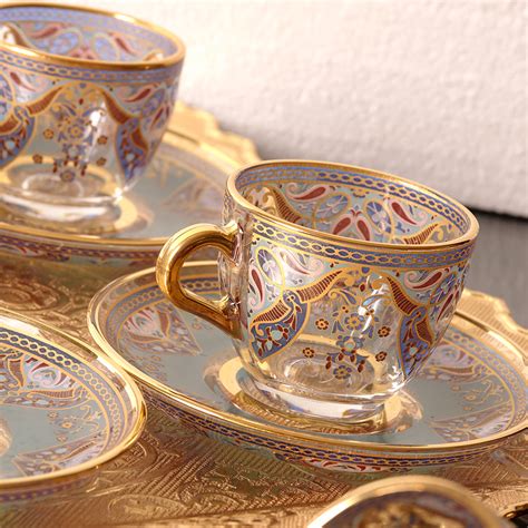 Arabic Turkish Espresso Cups Set For Six Person Metal With Tray